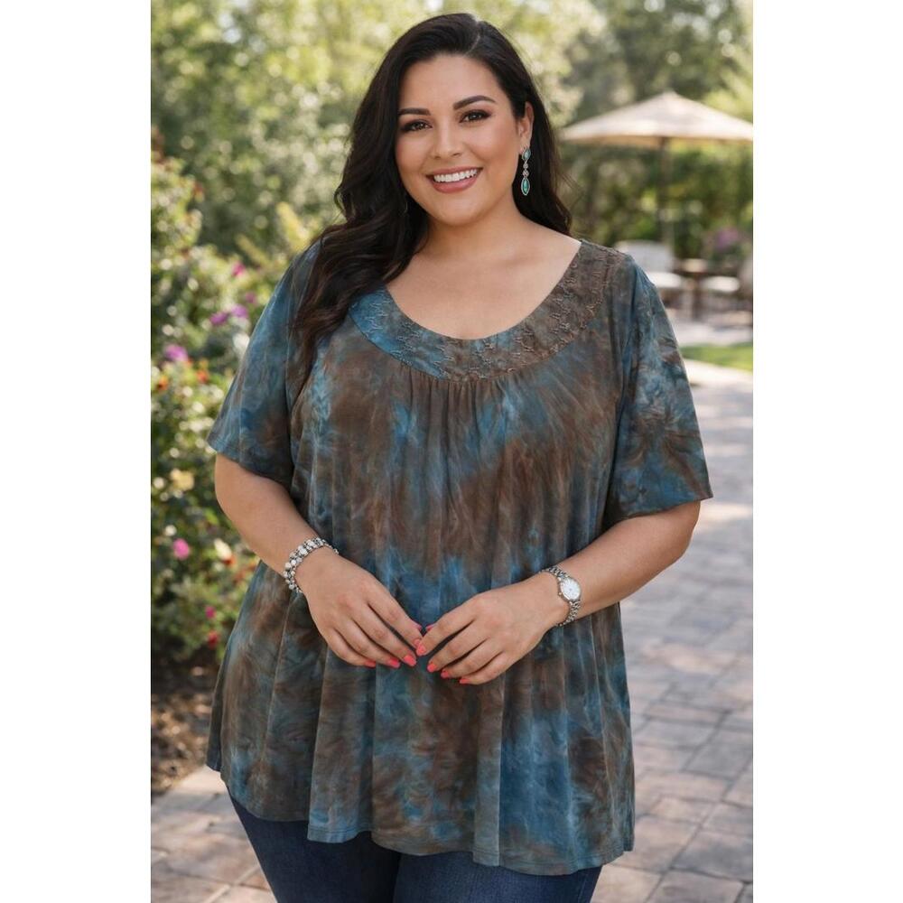 LA Blues Women's Boho Blue Brown Tie Dye Subtle Embroidered Neckline 22/24